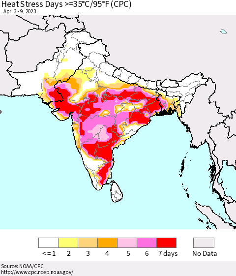 Southern Asia Heat Stress Days >=35°C/95°F (CPC) Thematic Map For 4/3/2023 - 4/9/2023