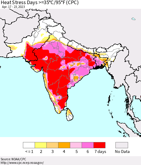 Southern Asia Heat Stress Days >=35°C/95°F (CPC) Thematic Map For 4/17/2023 - 4/23/2023