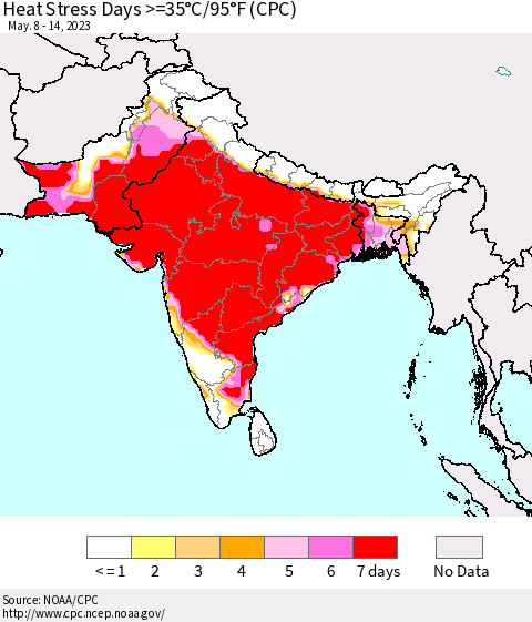 Southern Asia Heat Stress Days >=35°C/95°F (CPC) Thematic Map For 5/8/2023 - 5/14/2023