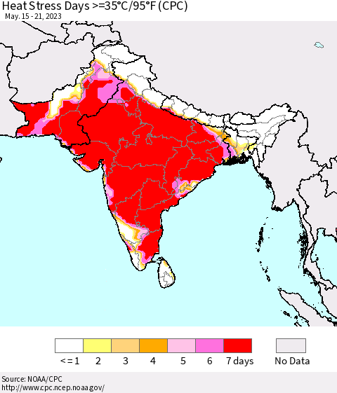 Southern Asia Heat Stress Days >=35°C/95°F (CPC) Thematic Map For 5/15/2023 - 5/21/2023