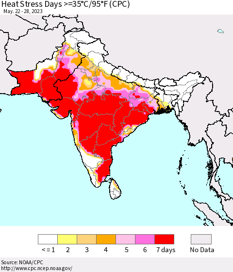 Southern Asia Heat Stress Days >=35°C/95°F (CPC) Thematic Map For 5/22/2023 - 5/28/2023