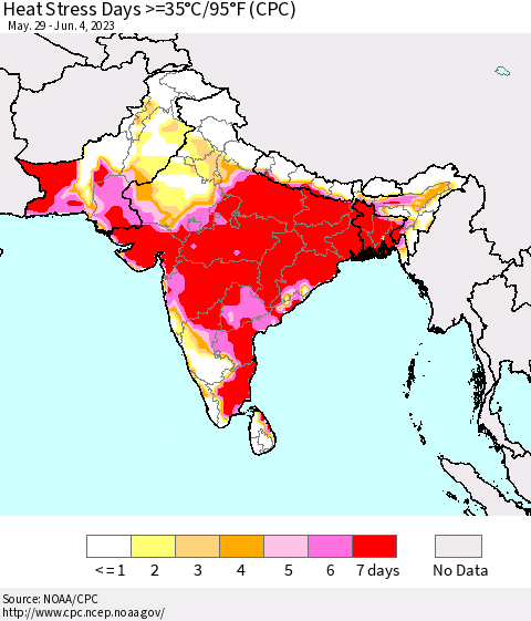 Southern Asia Heat Stress Days >=35°C/95°F (CPC) Thematic Map For 5/29/2023 - 6/4/2023