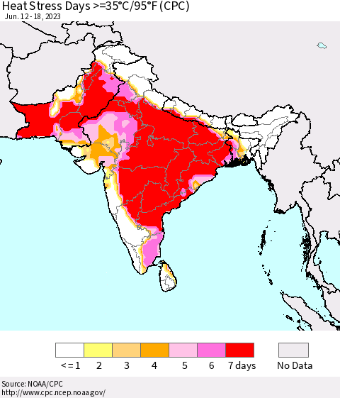 Southern Asia Heat Stress Days >=35°C/95°F (CPC) Thematic Map For 6/12/2023 - 6/18/2023