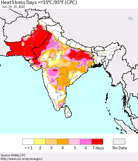 Southern Asia Heat Stress Days >=35°C/95°F (CPC) Thematic Map For 6/19/2023 - 6/25/2023