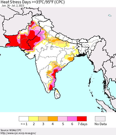 Southern Asia Heat Stress Days >=35°C/95°F (CPC) Thematic Map For 6/26/2023 - 7/2/2023