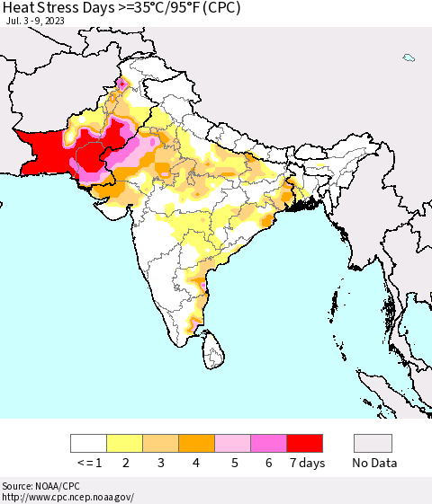 Southern Asia Heat Stress Days >=35°C/95°F (CPC) Thematic Map For 7/3/2023 - 7/9/2023