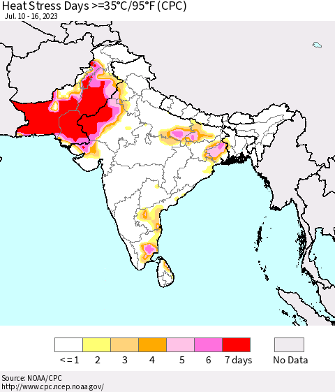 Southern Asia Heat Stress Days >=35°C/95°F (CPC) Thematic Map For 7/10/2023 - 7/16/2023