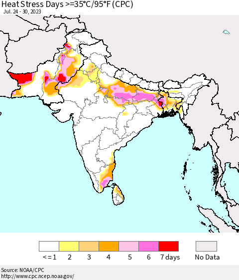 Southern Asia Heat Stress Days >=35°C/95°F (CPC) Thematic Map For 7/24/2023 - 7/30/2023