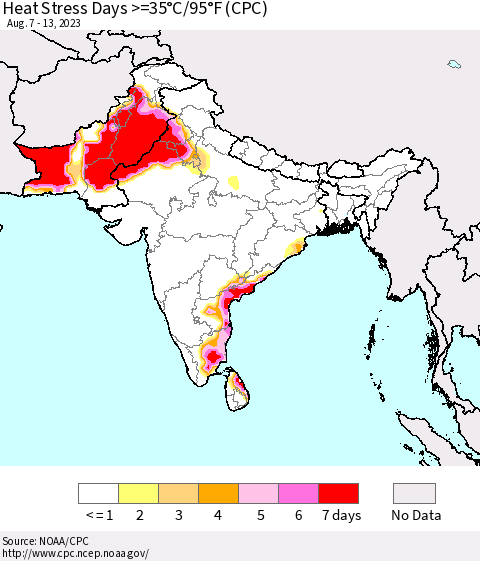 Southern Asia Heat Stress Days >=35°C/95°F (CPC) Thematic Map For 8/7/2023 - 8/13/2023