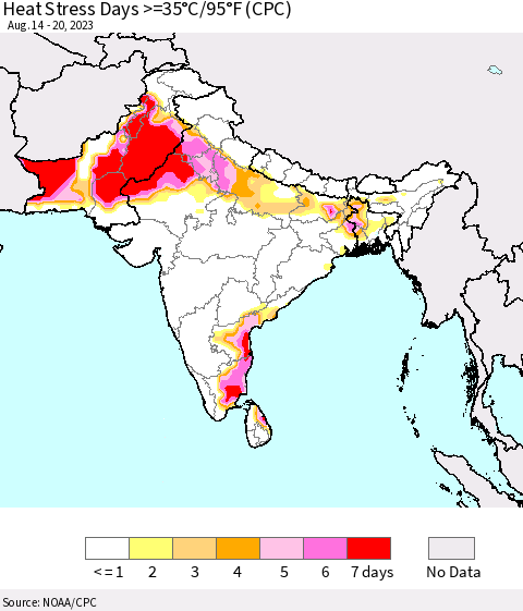 Southern Asia Heat Stress Days >=35°C/95°F (CPC) Thematic Map For 8/14/2023 - 8/20/2023