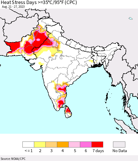 Southern Asia Heat Stress Days >=35°C/95°F (CPC) Thematic Map For 8/21/2023 - 8/27/2023