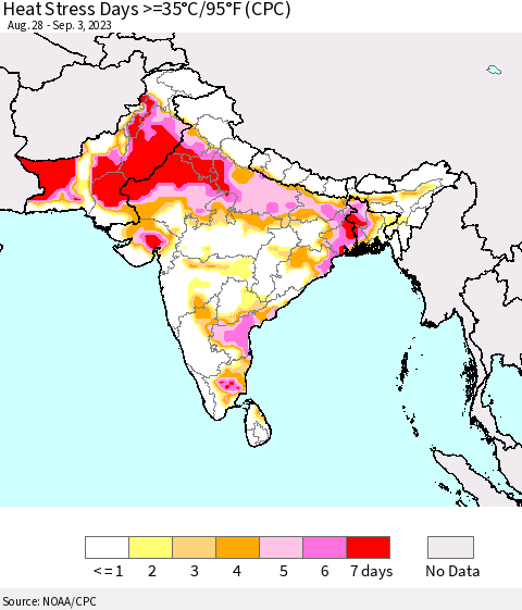Southern Asia Heat Stress Days >=35°C/95°F (CPC) Thematic Map For 8/28/2023 - 9/3/2023