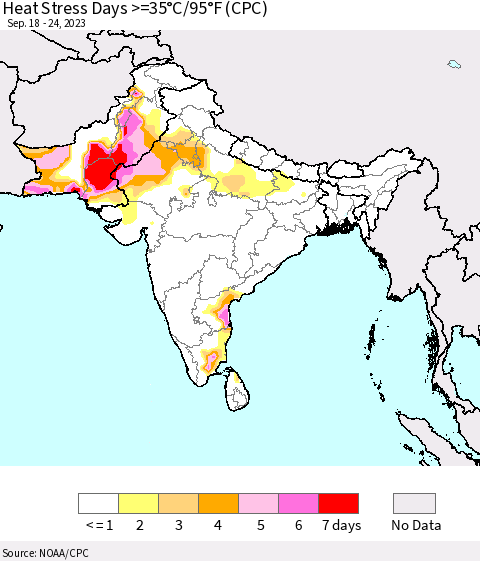 Southern Asia Heat Stress Days >=35°C/95°F (CPC) Thematic Map For 9/18/2023 - 9/24/2023