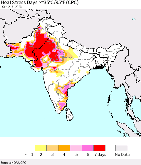 Southern Asia Heat Stress Days >=35°C/95°F (CPC) Thematic Map For 10/2/2023 - 10/8/2023