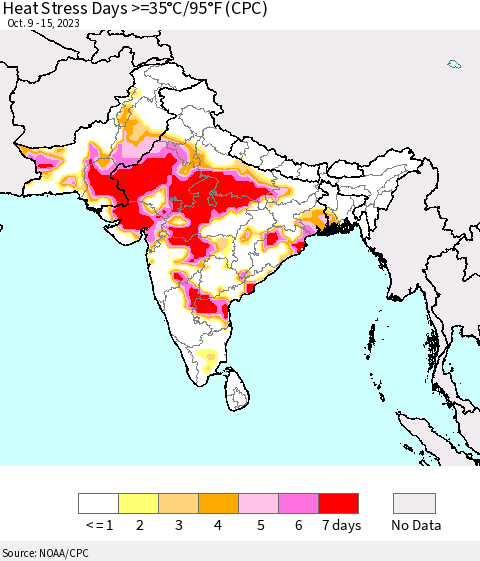 Southern Asia Heat Stress Days >=35°C/95°F (CPC) Thematic Map For 10/9/2023 - 10/15/2023