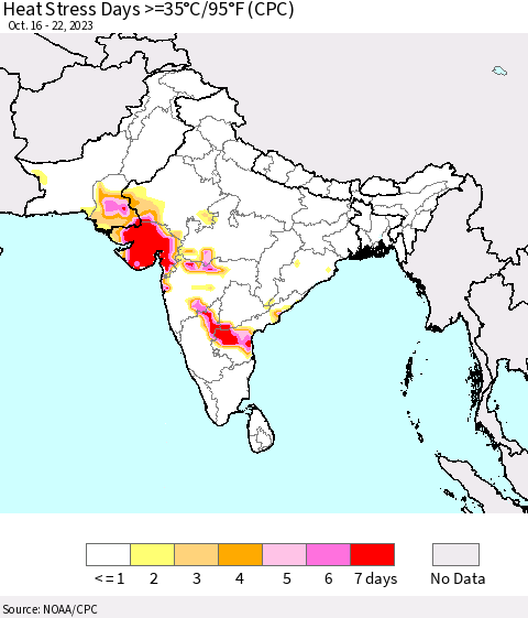 Southern Asia Heat Stress Days >=35°C/95°F (CPC) Thematic Map For 10/16/2023 - 10/22/2023