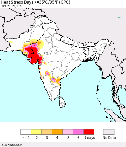 Southern Asia Heat Stress Days >=35°C/95°F (CPC) Thematic Map For 10/23/2023 - 10/29/2023