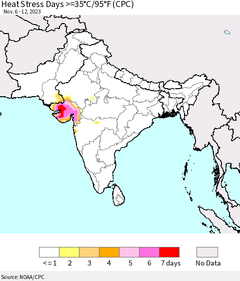 Southern Asia Heat Stress Days >=35°C/95°F (CPC) Thematic Map For 11/6/2023 - 11/12/2023