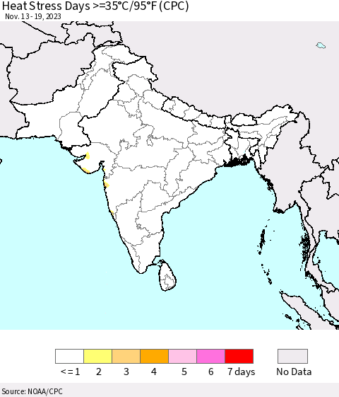 Southern Asia Heat Stress Days >=35°C/95°F (CPC) Thematic Map For 11/13/2023 - 11/19/2023