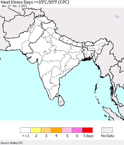 Southern Asia Heat Stress Days >=35°C/95°F (CPC) Thematic Map For 11/27/2023 - 12/3/2023