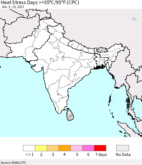Southern Asia Heat Stress Days >=35°C/95°F (CPC) Thematic Map For 12/4/2023 - 12/10/2023