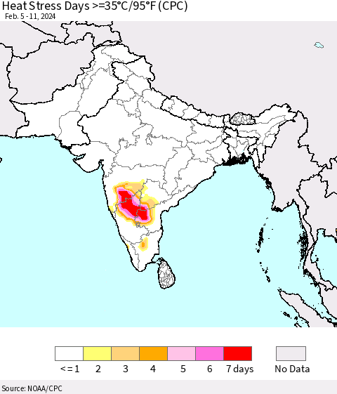 Southern Asia Heat Stress Days >=35°C/95°F (CPC) Thematic Map For 2/5/2024 - 2/11/2024