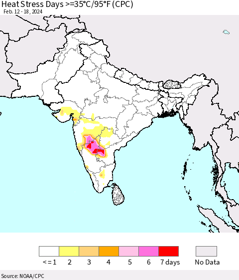 Southern Asia Heat Stress Days >=35°C/95°F (CPC) Thematic Map For 2/12/2024 - 2/18/2024