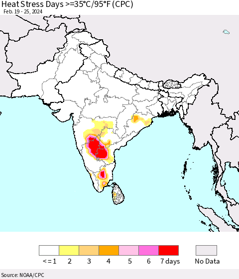 Southern Asia Heat Stress Days >=35°C/95°F (CPC) Thematic Map For 2/19/2024 - 2/25/2024