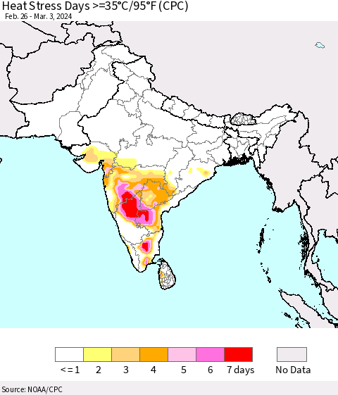 Southern Asia Heat Stress Days >=35°C/95°F (CPC) Thematic Map For 2/26/2024 - 3/3/2024