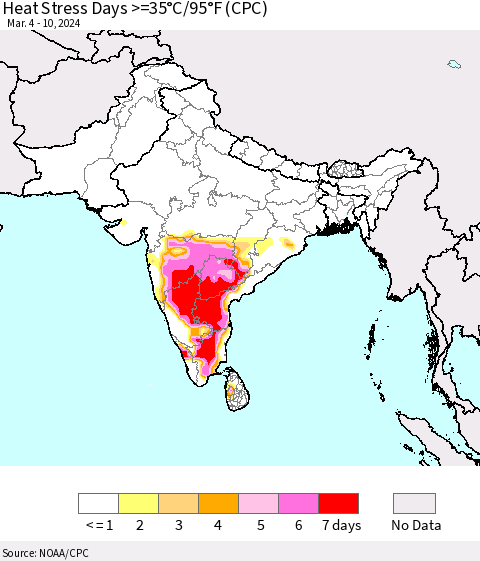 Southern Asia Heat Stress Days >=35°C/95°F (CPC) Thematic Map For 3/4/2024 - 3/10/2024