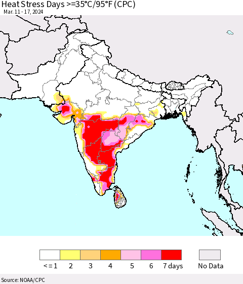 Southern Asia Heat Stress Days >=35°C/95°F (CPC) Thematic Map For 3/11/2024 - 3/17/2024