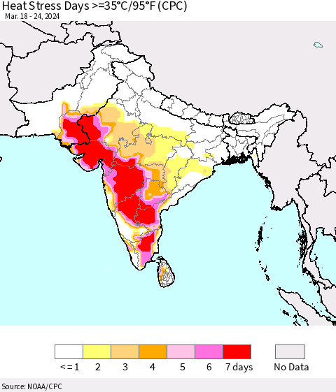 Southern Asia Heat Stress Days >=35°C/95°F (CPC) Thematic Map For 3/18/2024 - 3/24/2024