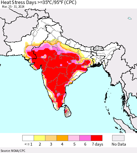Southern Asia Heat Stress Days >=35°C/95°F (CPC) Thematic Map For 3/25/2024 - 3/31/2024