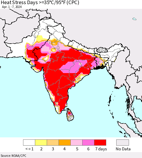Southern Asia Heat Stress Days >=35°C/95°F (CPC) Thematic Map For 4/1/2024 - 4/7/2024