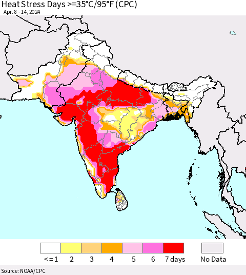 Southern Asia Heat Stress Days >=35°C/95°F (CPC) Thematic Map For 4/8/2024 - 4/14/2024