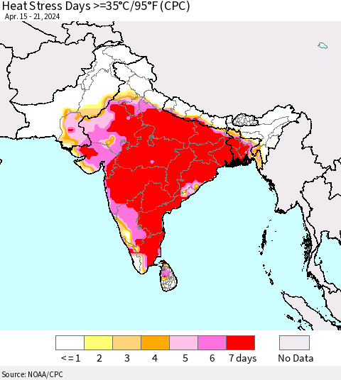Southern Asia Heat Stress Days >=35°C/95°F (CPC) Thematic Map For 4/15/2024 - 4/21/2024