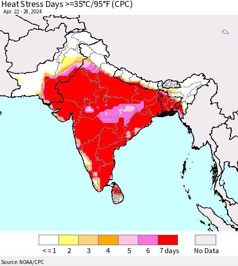 Southern Asia Heat Stress Days >=35°C/95°F (CPC) Thematic Map For 4/22/2024 - 4/28/2024