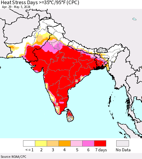 Southern Asia Heat Stress Days >=35°C/95°F (CPC) Thematic Map For 4/29/2024 - 5/5/2024