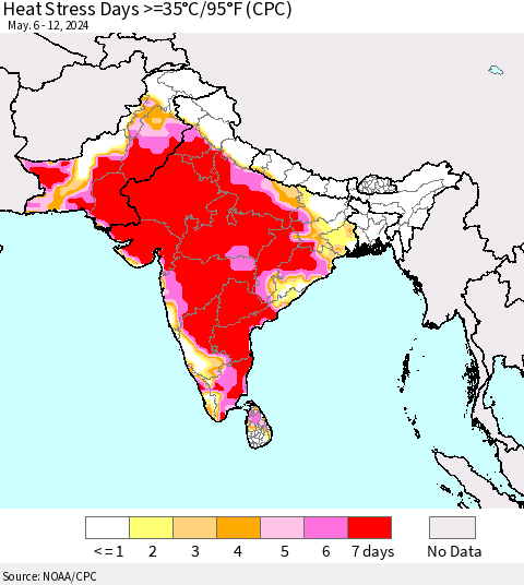 Southern Asia Heat Stress Days >=35°C/95°F (CPC) Thematic Map For 5/6/2024 - 5/12/2024