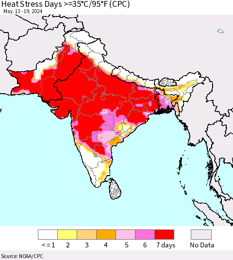 Southern Asia Heat Stress Days >=35°C/95°F (CPC) Thematic Map For 5/13/2024 - 5/19/2024