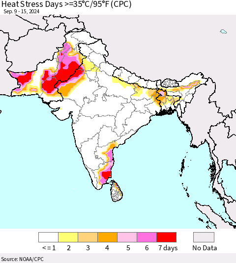 Southern Asia Heat Stress Days >=35°C/95°F (CPC) Thematic Map For 9/9/2024 - 9/15/2024