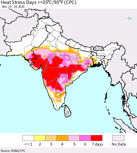 Southern Asia Heat Stress Days >=35°C/95°F (CPC) Thematic Map For 3/10/2025 - 3/16/2025