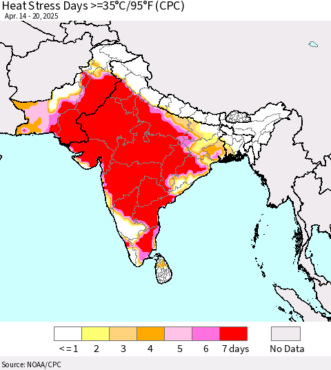 Southern Asia Heat Stress Days >=35°C/95°F (CPC) Thematic Map For 4/14/2025 - 4/20/2025