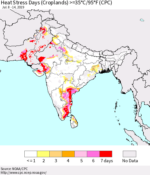 Southern Asia Heat Stress Days (Croplands) >=35°C/95°F (CPC) Thematic Map For 7/8/2019 - 7/14/2019