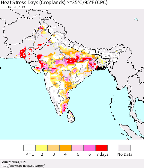 Southern Asia Heat Stress Days (Croplands) >=35°C/95°F (CPC) Thematic Map For 7/15/2019 - 7/21/2019