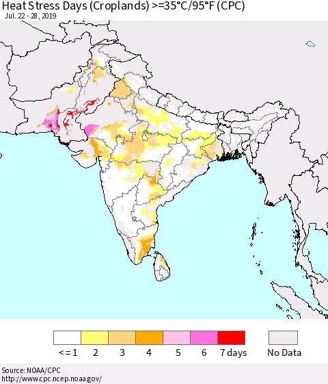 Southern Asia Heat Stress Days (Croplands) >=35°C/95°F (CPC) Thematic Map For 7/22/2019 - 7/28/2019