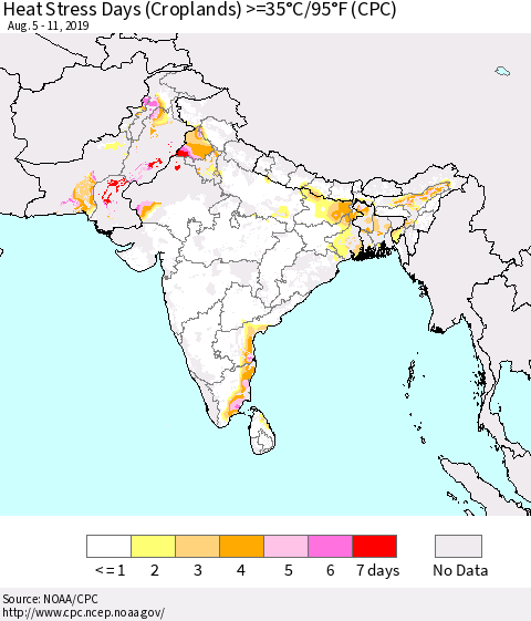 Southern Asia Heat Stress Days (Croplands) >=35°C/95°F (CPC) Thematic Map For 8/5/2019 - 8/11/2019