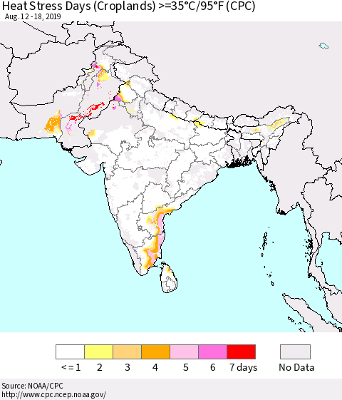 Southern Asia Heat Stress Days (Croplands) >=35°C/95°F (CPC) Thematic Map For 8/12/2019 - 8/18/2019