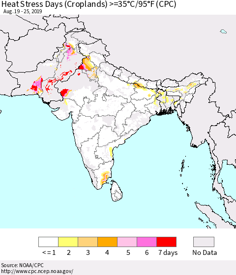 Southern Asia Heat Stress Days (Croplands) >=35°C/95°F (CPC) Thematic Map For 8/19/2019 - 8/25/2019