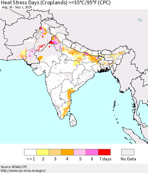 Southern Asia Heat Stress Days (Croplands) >=35°C/95°F (CPC) Thematic Map For 8/26/2019 - 9/1/2019
